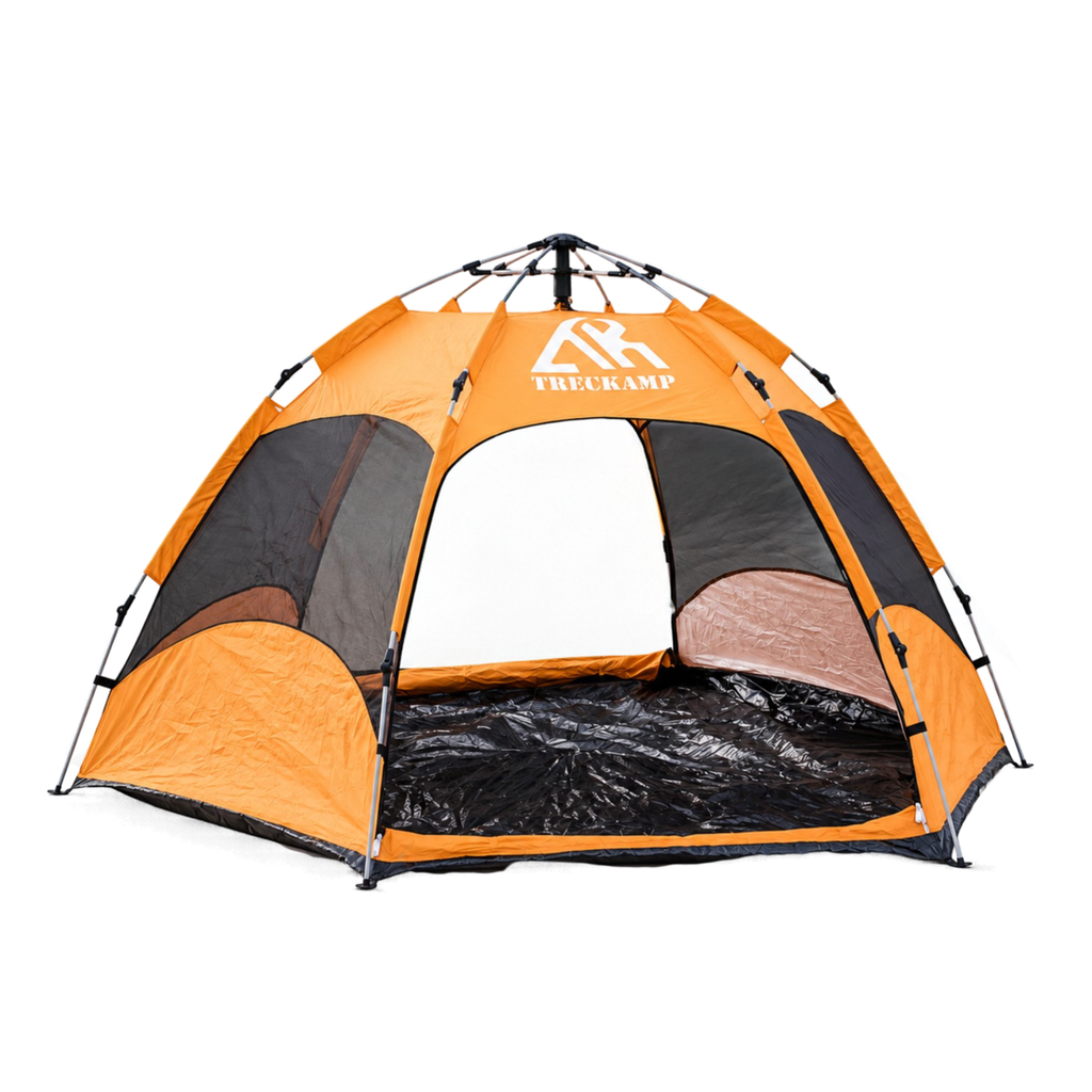 TREKCAMP Automatic Hexagonal Tent in orange and charcoal – 2–3 person hydraulic quick-setup camping tent