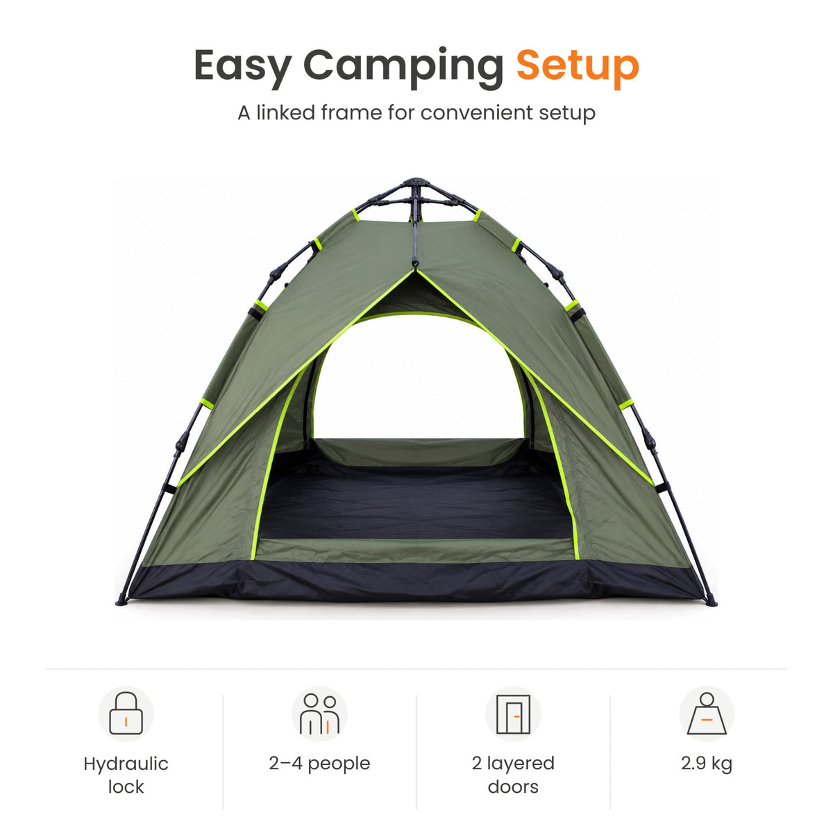 TREKCAMP Olive Green Auto Hydraulic Tent — Easy camping setup features: hydraulic lock, 2–4 people, two layered openings and 2.9 kg tent weight