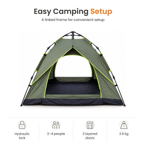 TREKCAMP Olive Green Auto Hydraulic Tent — Easy camping setup features: hydraulic lock, 2–4 people, two layered openings and 2.9 kg tent weight