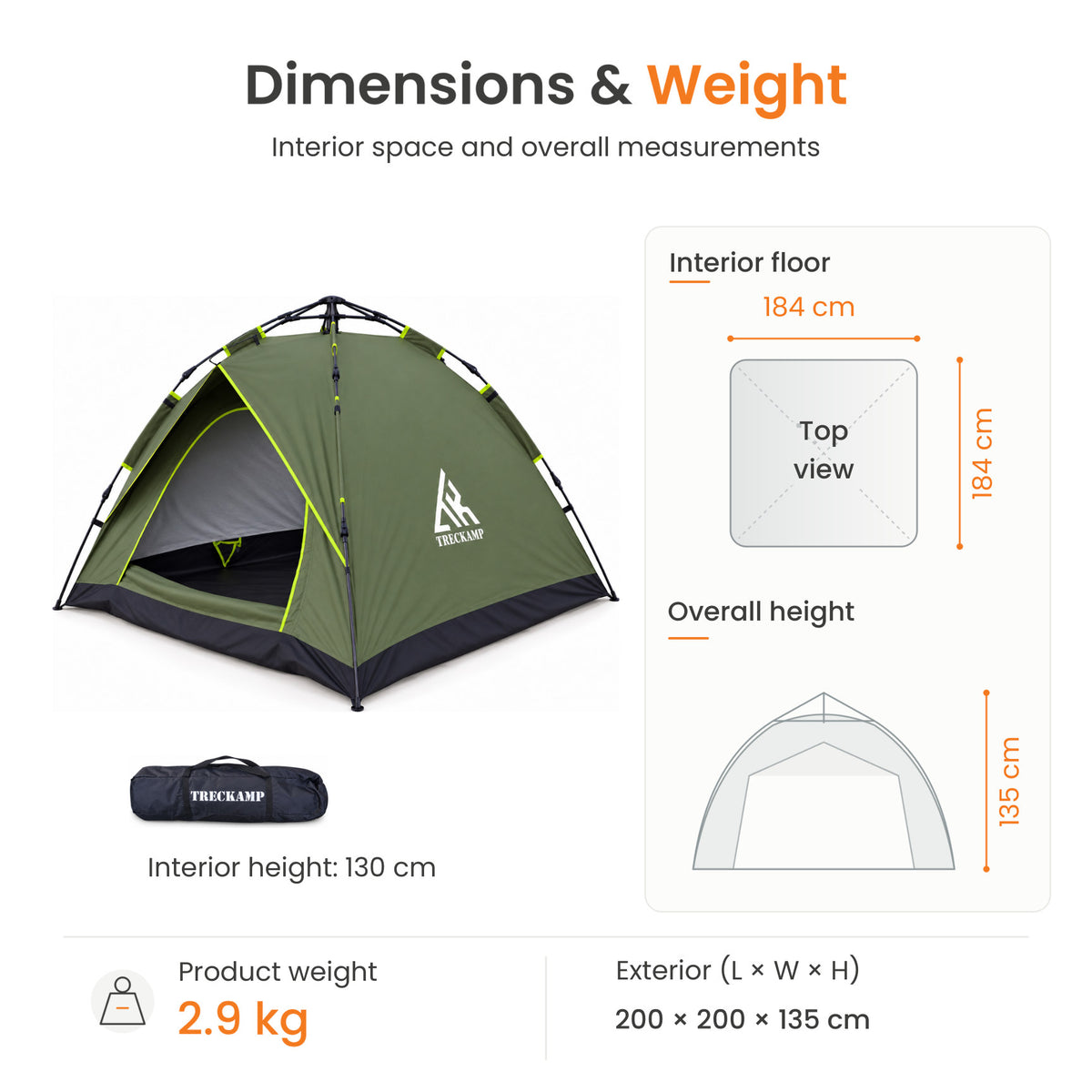 TREKCAMP Olive Green Auto Hydraulic Tent — Exterior 200×200×135 cm, interior 184×184×130 cm and 2.9 kg product weight infographic