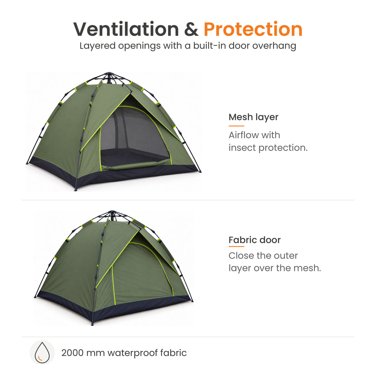 TREKCAMP Olive Green Auto Hydraulic Tent — Two dual-layer door openings with mesh and fabric covers and integrated overhang; 2000 mm fabric rating