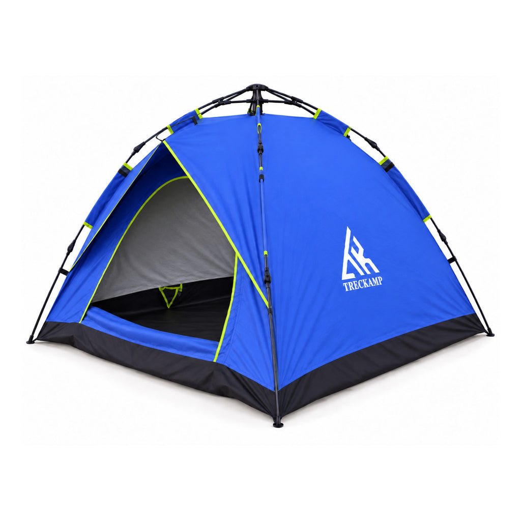 TREKCAMP Royal Blue Auto Hydraulic Tent — Main product view showing the dome tent and integrated fiberglass hydraulic frame