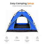 TREKCAMP Royal Blue Auto Hydraulic Tent — Easy camping setup features: hydraulic lock, 2–4 people, two layered openings and 2.9 kg tent weight