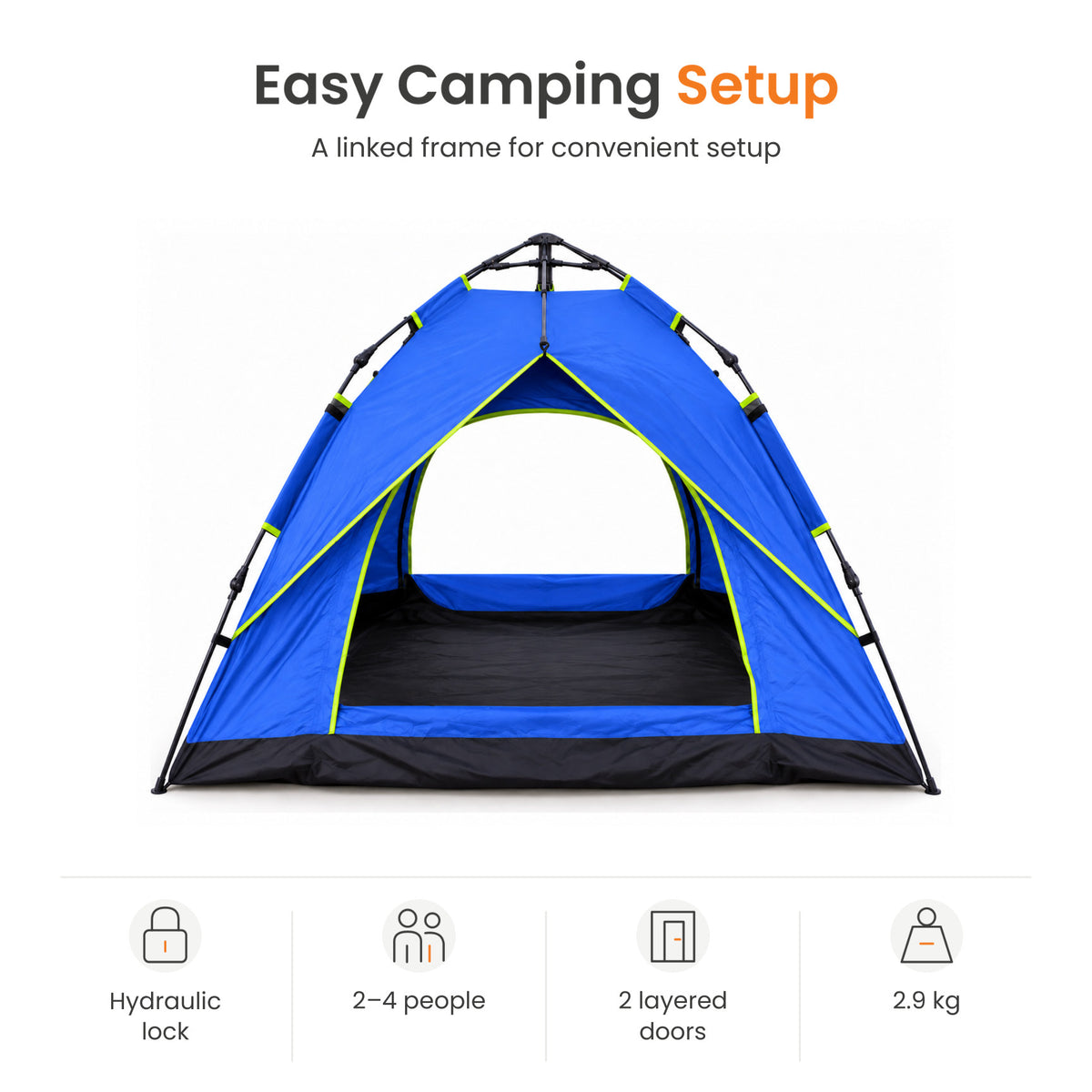 TREKCAMP Royal Blue Auto Hydraulic Tent — Easy camping setup features: hydraulic lock, 2–4 people, two layered openings and 2.9 kg tent weight