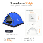 TREKCAMP Royal Blue Auto Hydraulic Tent — Exterior 200×200×135 cm, interior 184×184×130 cm and 2.9 kg product weight infographic