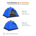 TREKCAMP Royal Blue Auto Hydraulic Tent — Two dual-layer door openings with mesh and fabric covers and integrated overhang; 2000 mm fabric rating