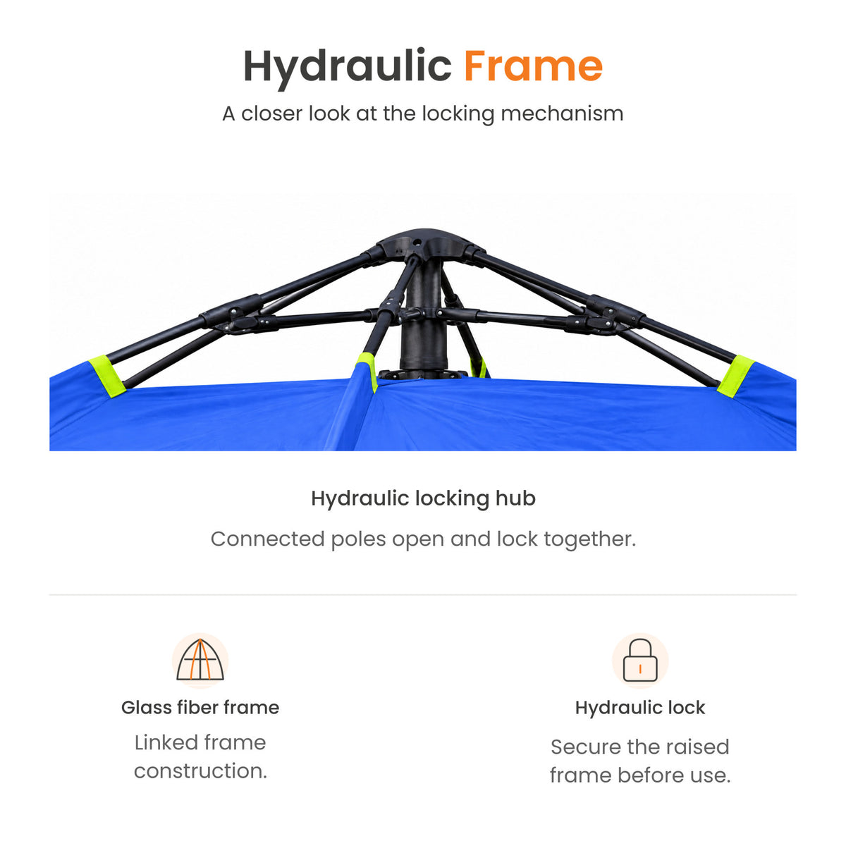 TREKCAMP Royal Blue Auto Hydraulic Tent — Close-up of the hydraulic locking hub and glass fiber linked frame