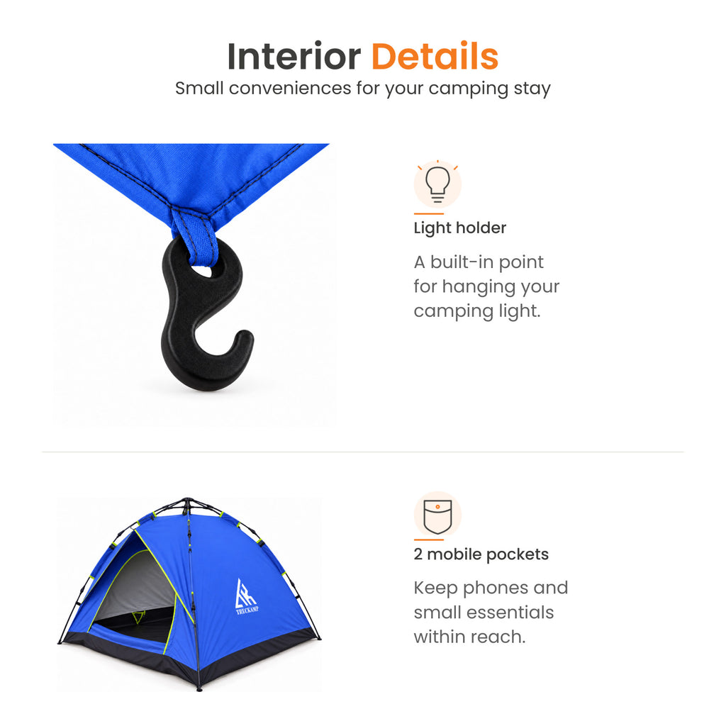 TREKCAMP Royal Blue Auto Hydraulic Tent — Interior features: hanging light holder and two mobile storage pockets