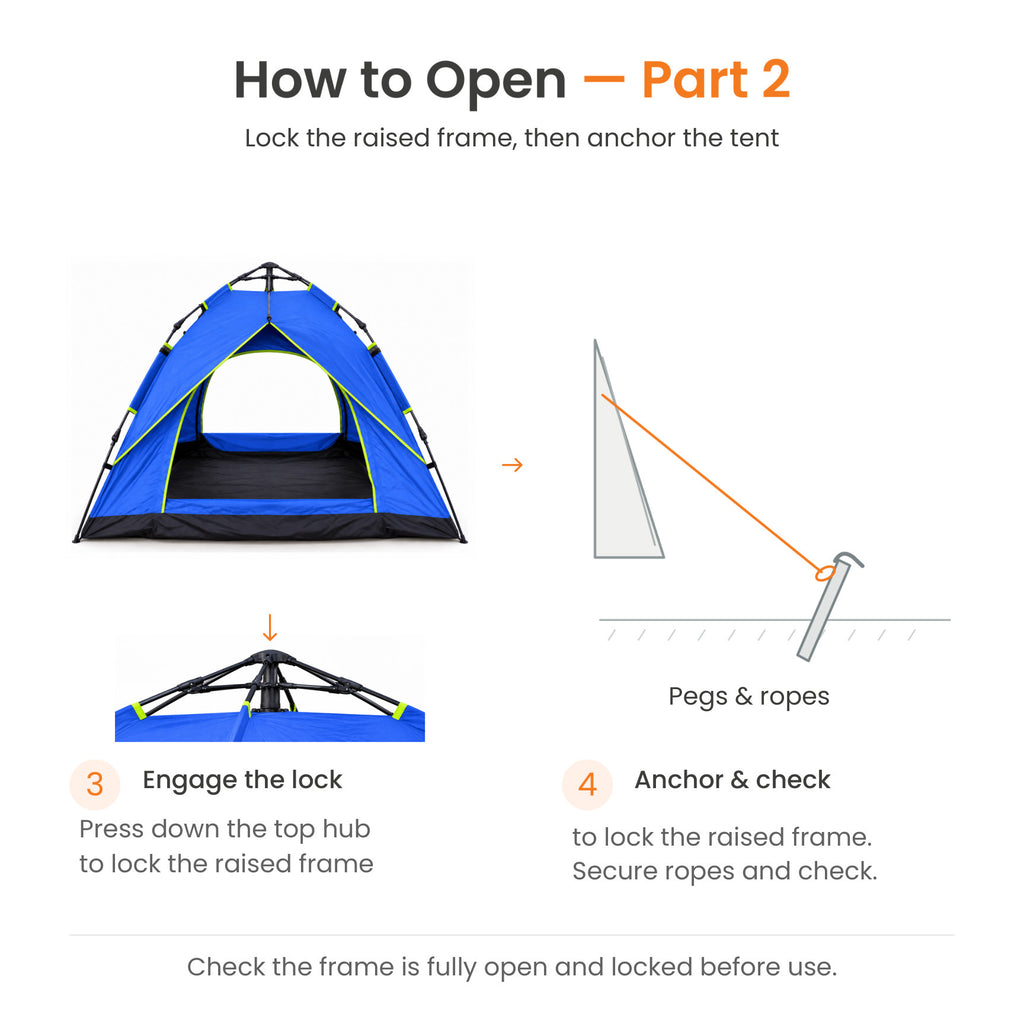 TREKCAMP Royal Blue Auto Hydraulic Tent — How to open part 2: engage hydraulic lock and secure pegs and ropes