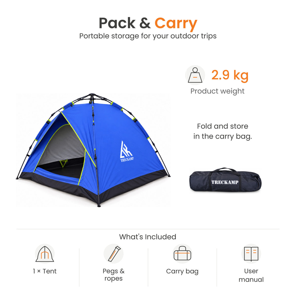 TREKCAMP Royal Blue Auto Hydraulic Tent — Pack and carry with tent, peg and rope set, carry bag and user manual