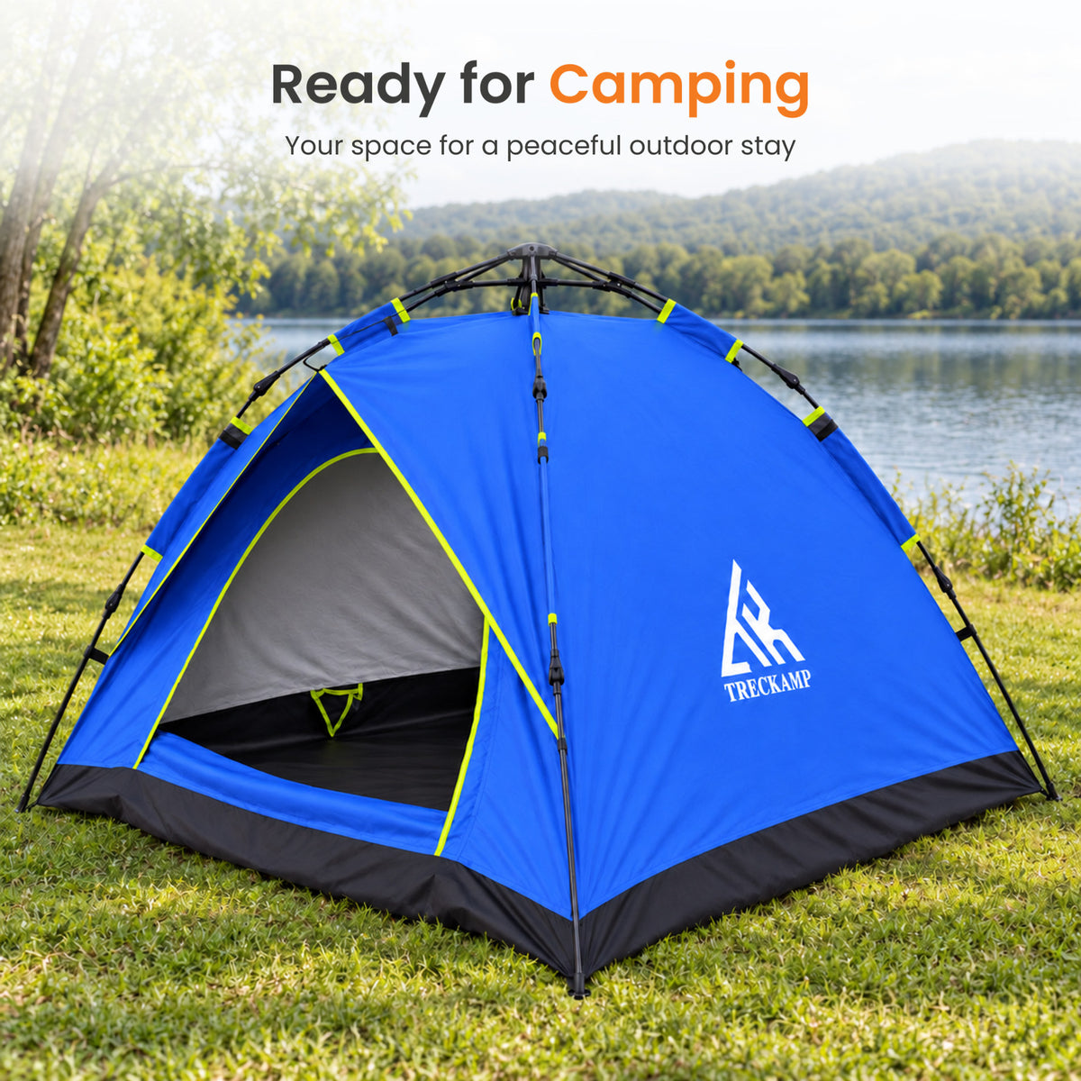 TREKCAMP Royal Blue Auto Hydraulic Tent — Outdoor camping lifestyle scene