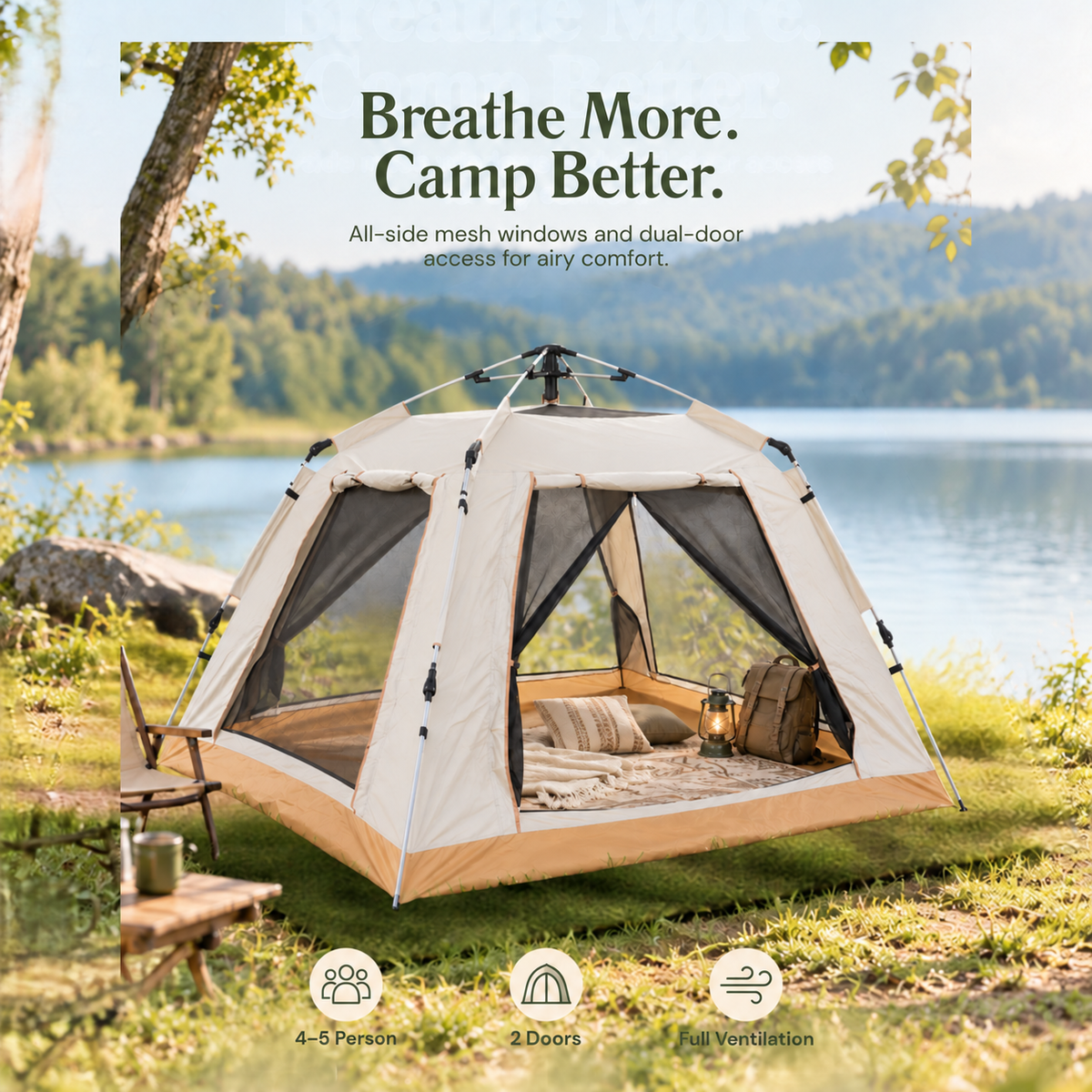TREKCAMP Automatic Cabin Tent for 4–5 persons, dual doors and all-side mesh ventilation in lakeside campsite