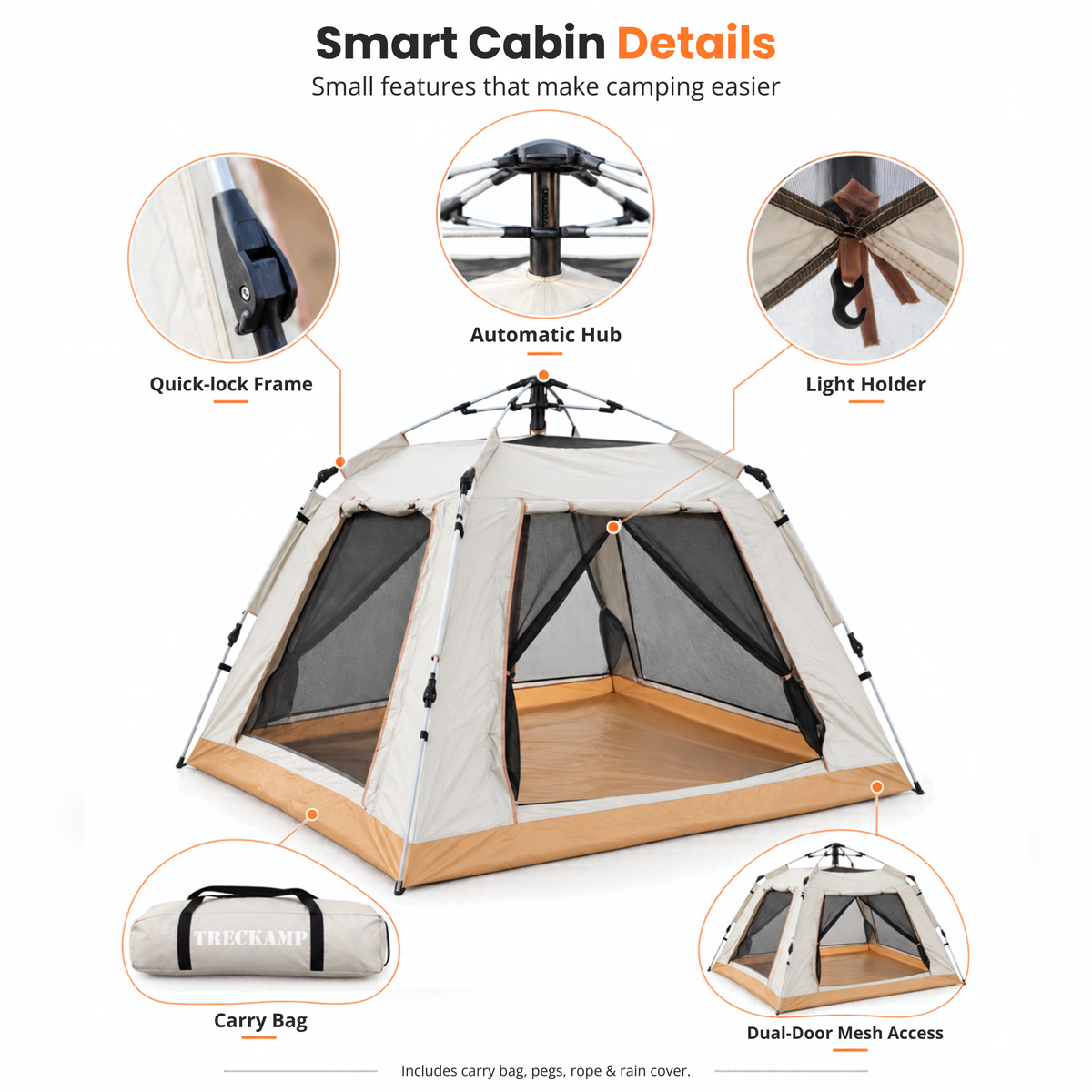 Automatic Cabin Tent smart details, hydraulic quick-lock frame, automatic hub, lantern hook, carry bag and mesh dual doors
