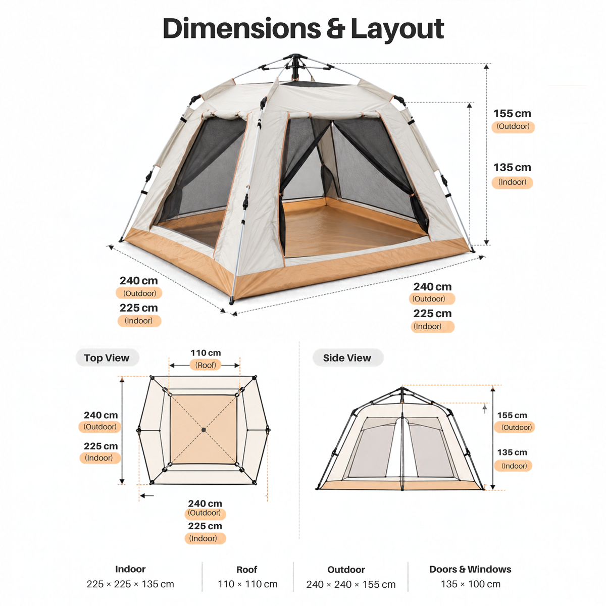TREKCAMP Automatic Cabin Tent dimensions: exterior 240 by 240 by 155 cm, interior 225 by 225 by 135 cm