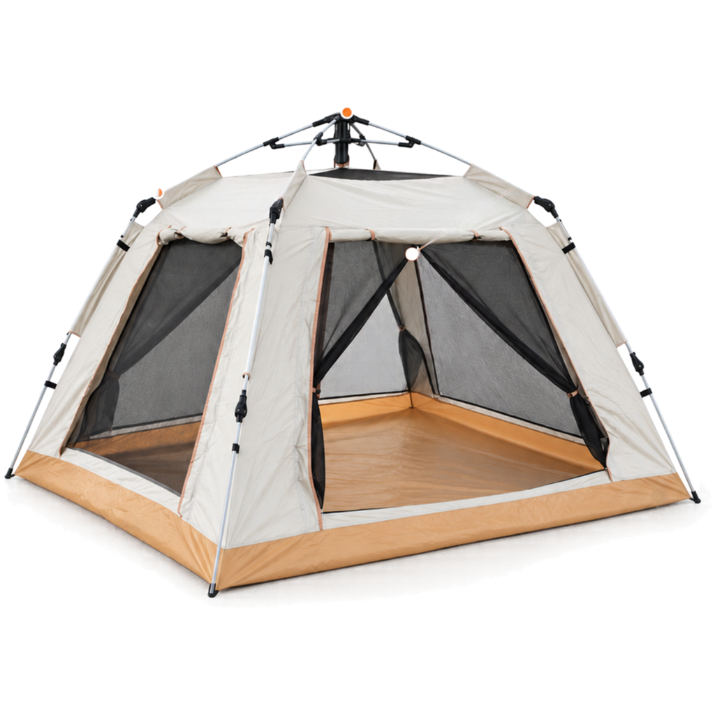 TREKCAMP Automatic Cabin Tent in cream and beige, front view on white background, 4–5 person family shelter