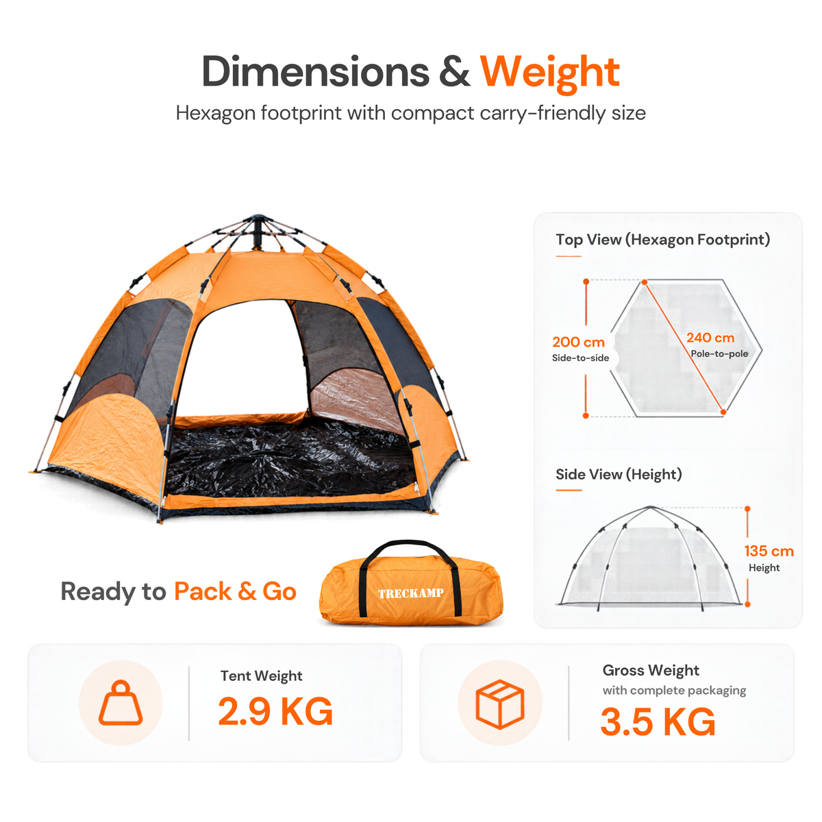 Automatic Hexagon Tent dimensions: 240 cm pole to pole, 200 cm side to side, 135 cm tall; 2.9 kg net and 3.5 kg packed