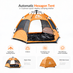 TREKCAMP Automatic Hexagon Tent open and with separate orange weather cover