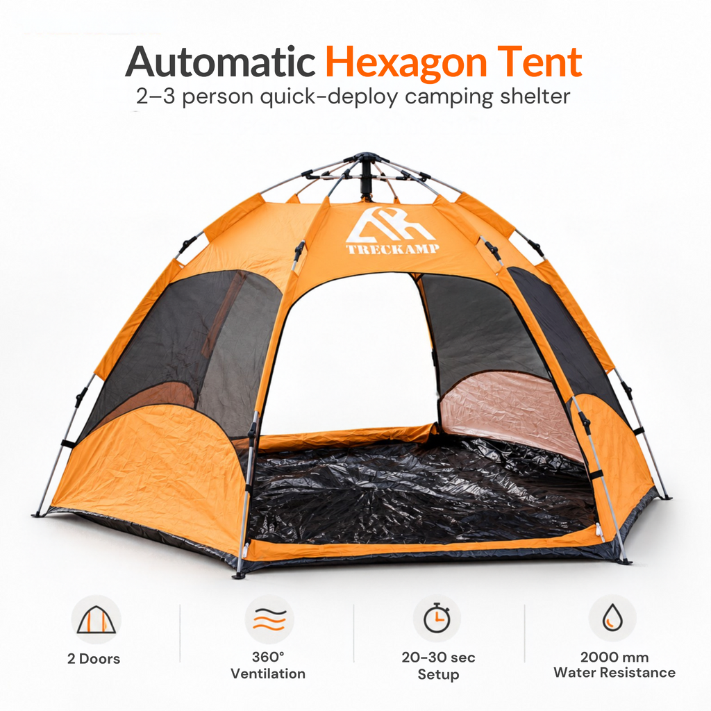 TREKCAMP Automatic Hexagon Tent: orange 2–3 person automatic shelter, two doors, 360° mesh ventilation and 2000 mm water resistance