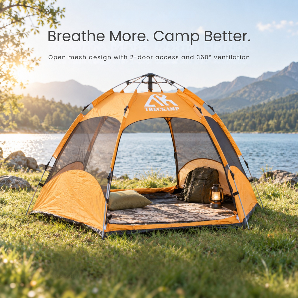TREKCAMP Hexagon Tent open breathable mesh ventilation and two entrance doors beside a lake