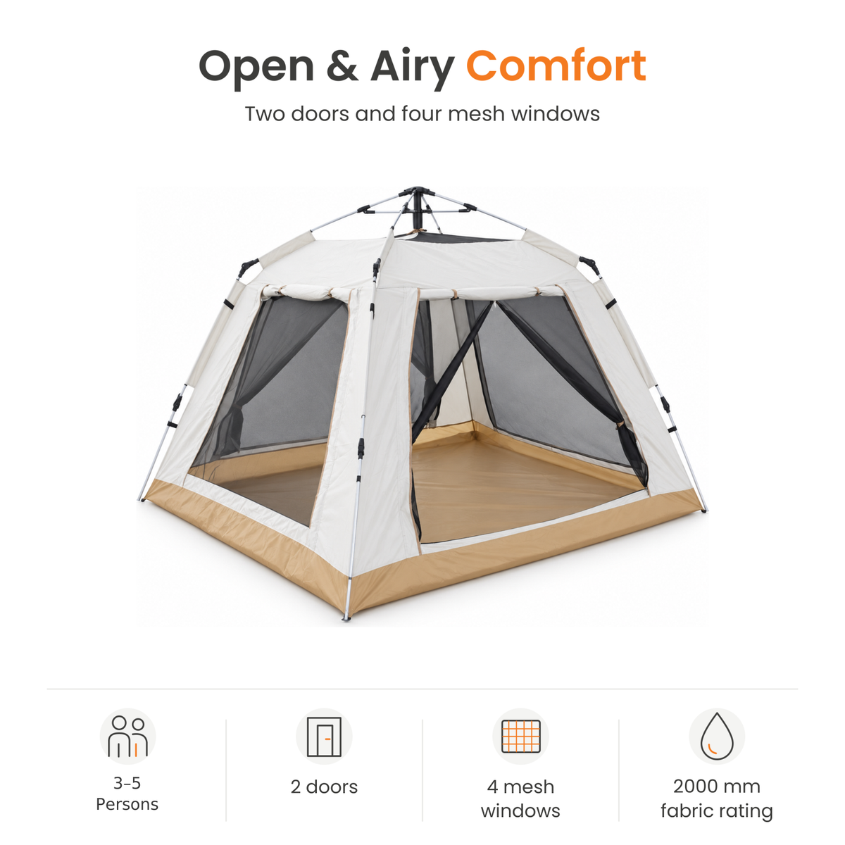 TREKCAMP Automatic Cabin Tent 3–5 Person — Capacity and ventilation