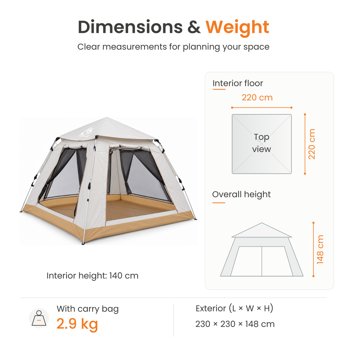 TREKCAMP Automatic Cabin Tent 3–5 Person — Dimensions and weight