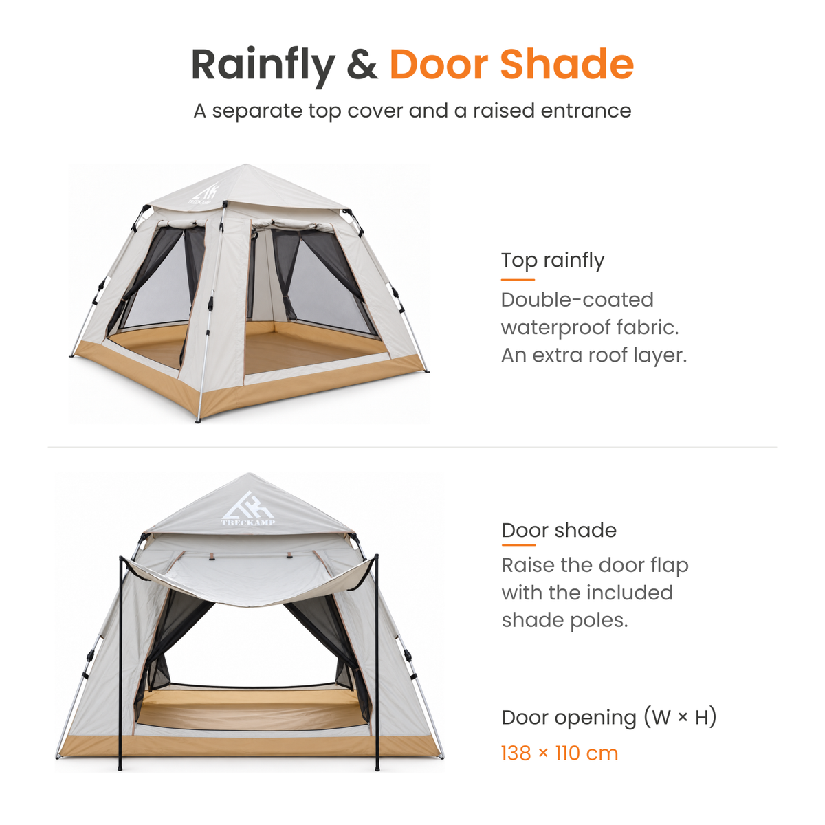 TREKCAMP Automatic Cabin Tent 3–5 Person — Roof rainfly and door shade