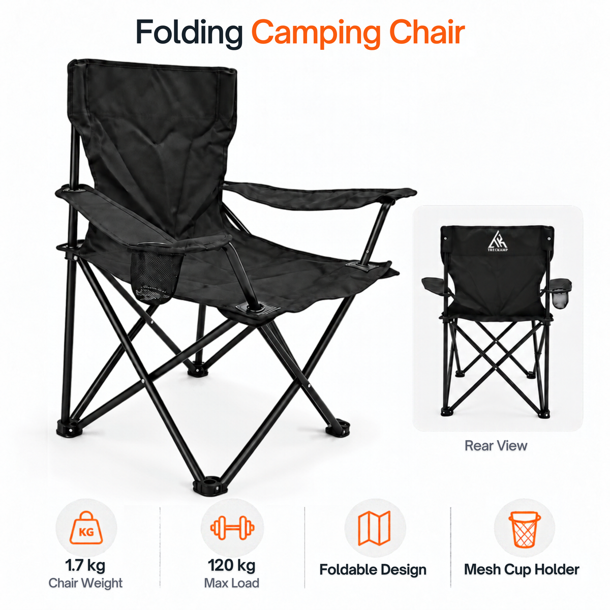 TREKCAMP Folding Camping Chair Black - features