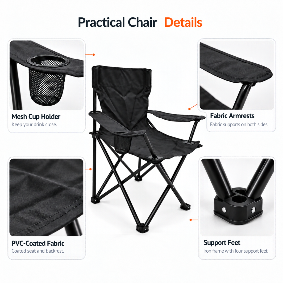 TREKCAMP Folding Camping Chair Black - close-up details
