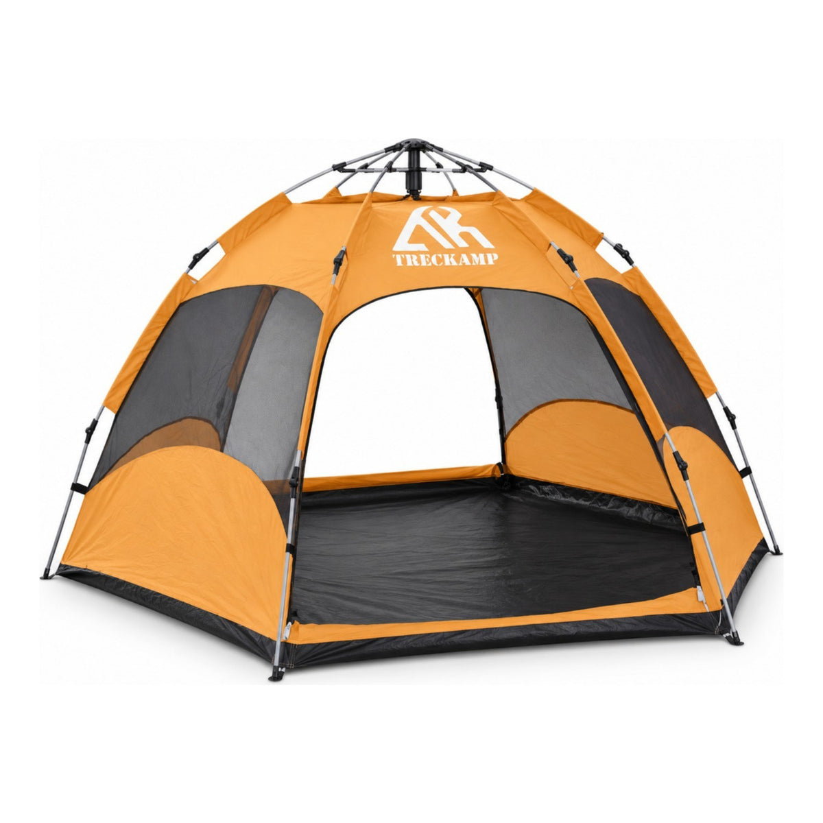 TREKCAMP automatic hexagonal hydraulic camping tent in orange and charcoal with six-sided mesh ventilation on white background