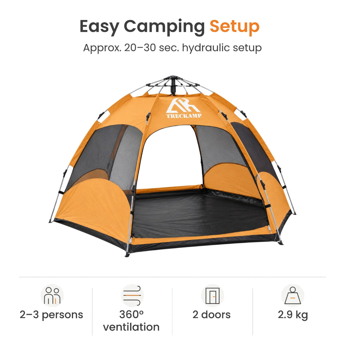 TREKCAMP automatic hexagonal camping tent with hydraulic 20–30 second initial opening, 2 convertible door/window openings and 360° mesh ventilation