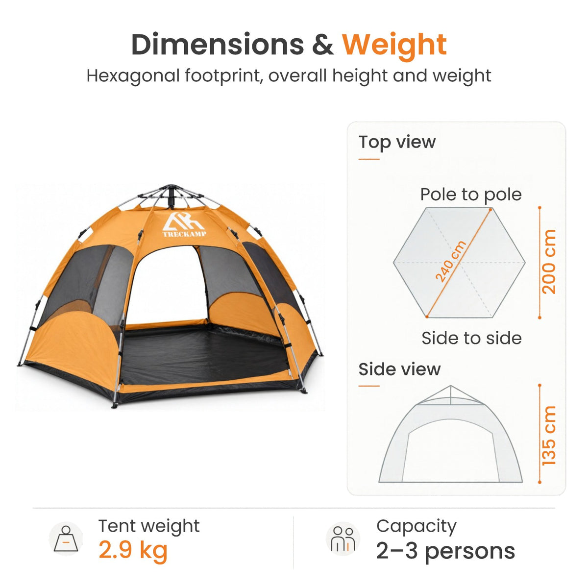 TREKCAMP hexagonal tent dimensions illustration showing 240 cm pole to pole, 200 cm side to side, 135 cm height and 2.9 kg tent weight