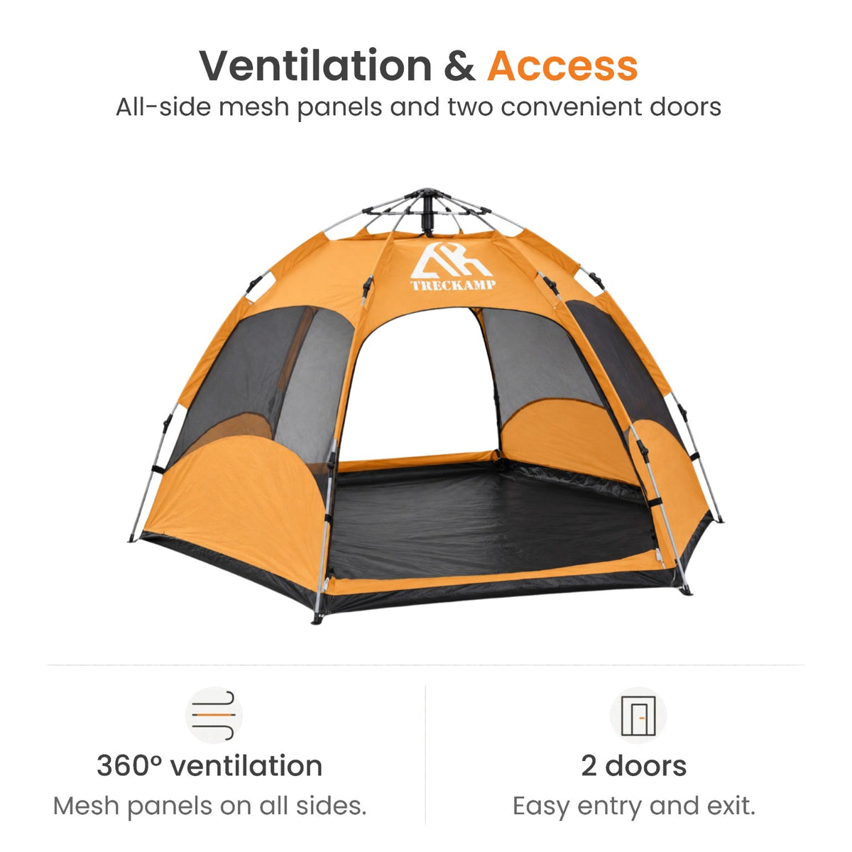 TREKCAMP hexagonal tent showing 4 fixed side mesh panels and 2 openings that work as doors or windows for 360° airflow