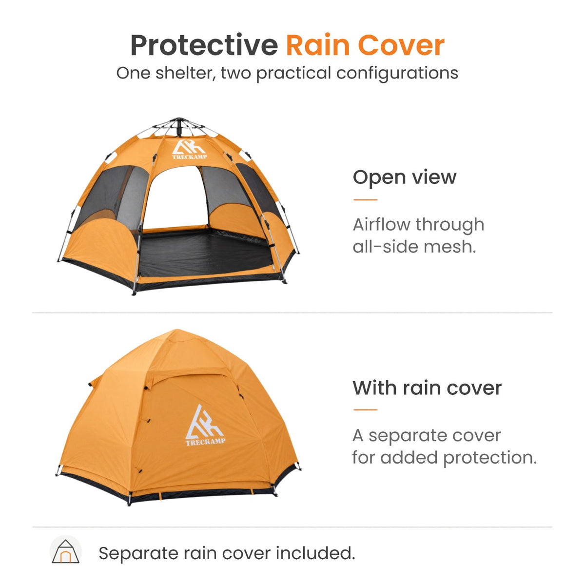 TREKCAMP hexagonal camping tent open mesh design and fitted separate orange protective rain cover