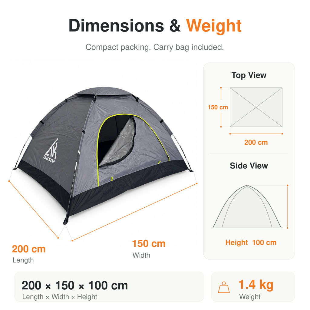Dark Grey TREKCAMP Manual Camping Tent dimensions 200 x 150 x 100 cm and light 1.4 kg carry weight