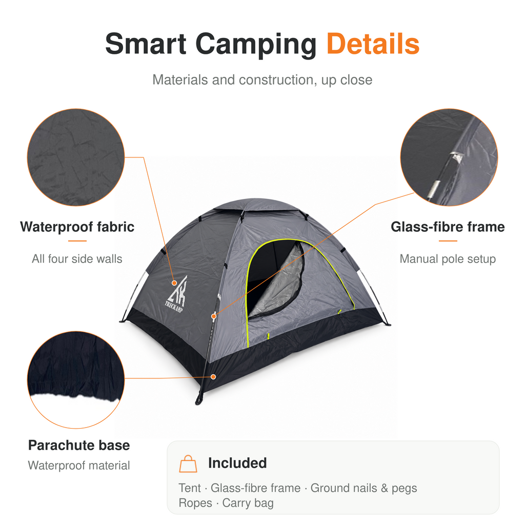 Dark Grey TREKCAMP Manual Camping Tent fiberglass frame, waterproof parachute-style floor, ropes pegs and carry bag