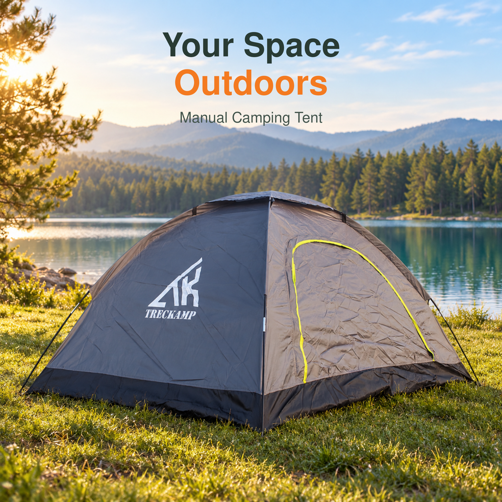 Dark Grey TREKCAMP Manual Camping Tent compact portable tent pitched outdoors for trekking and camping