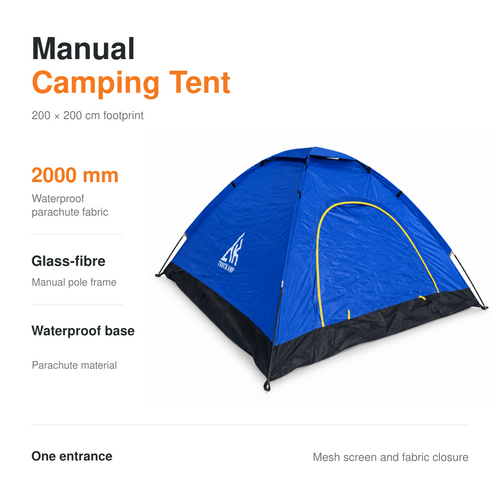 Royal Blue TREKCAMP manual tent with 2000 mm fabric rating, fiberglass frame, and waterproof floor