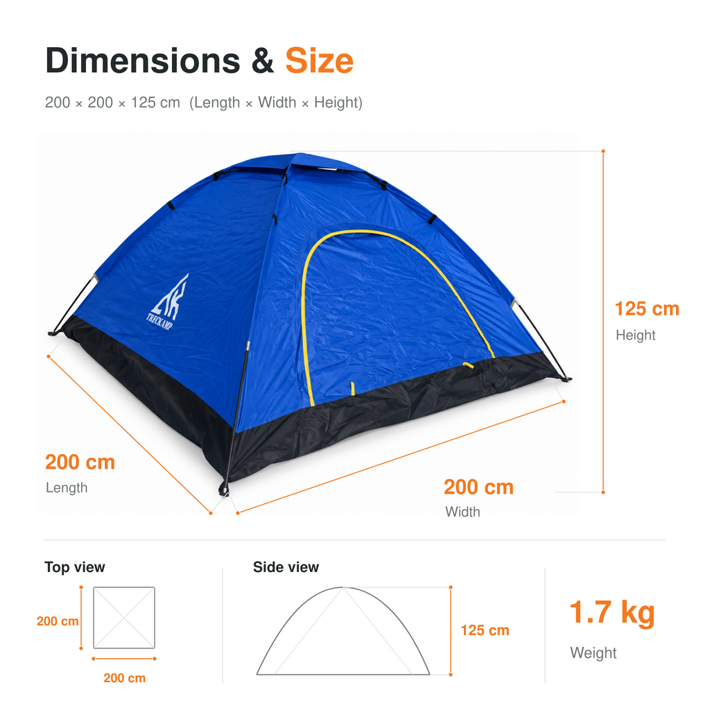 Royal Blue manual camping tent with 200 × 200 × 125 cm dimensions and 1.7 kg weight