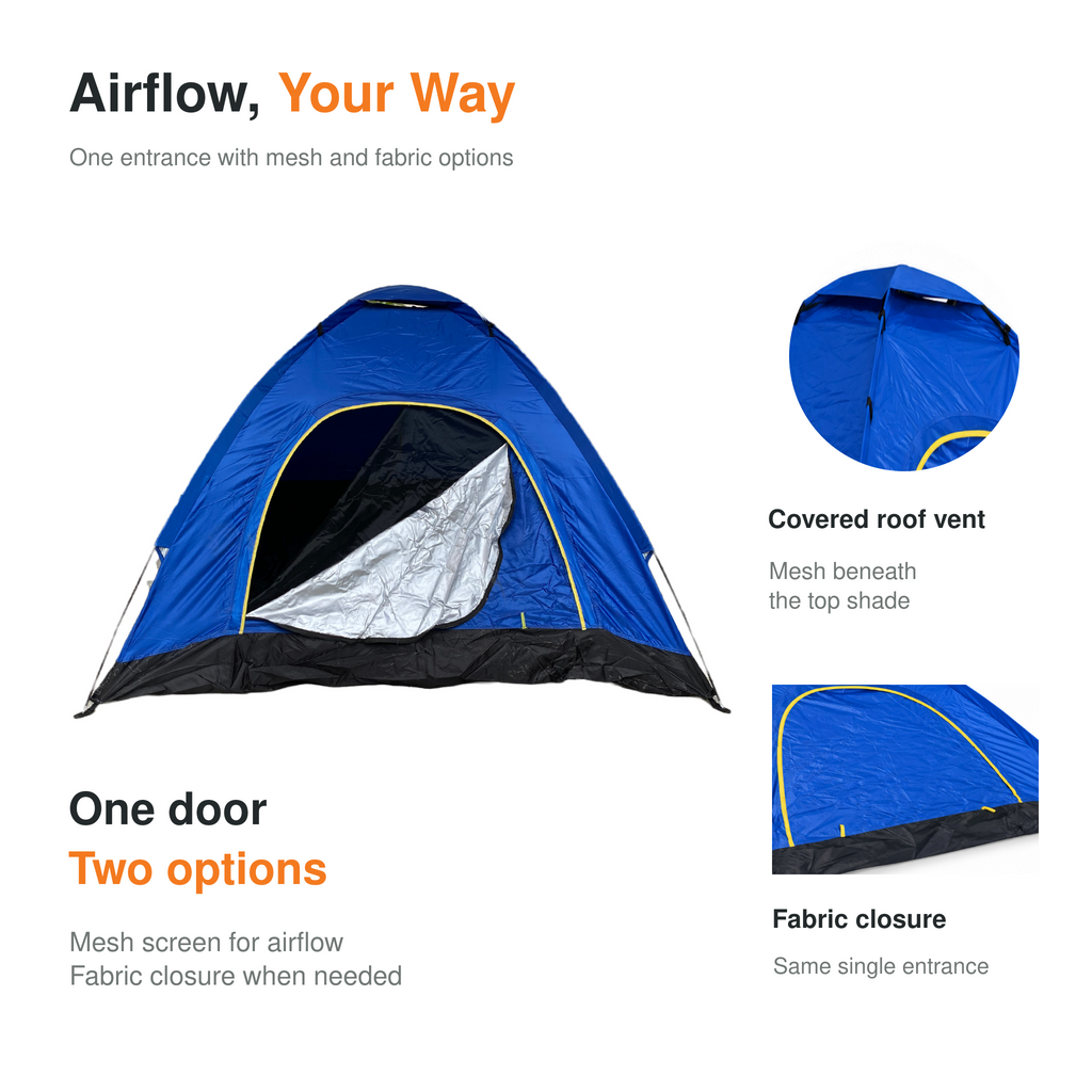 Royal Blue manual tent showing mesh door, fabric closure, and roof ventilation