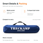 Royal Blue manual camping tent details: pocket, light hook, pegs, poles and carry bag