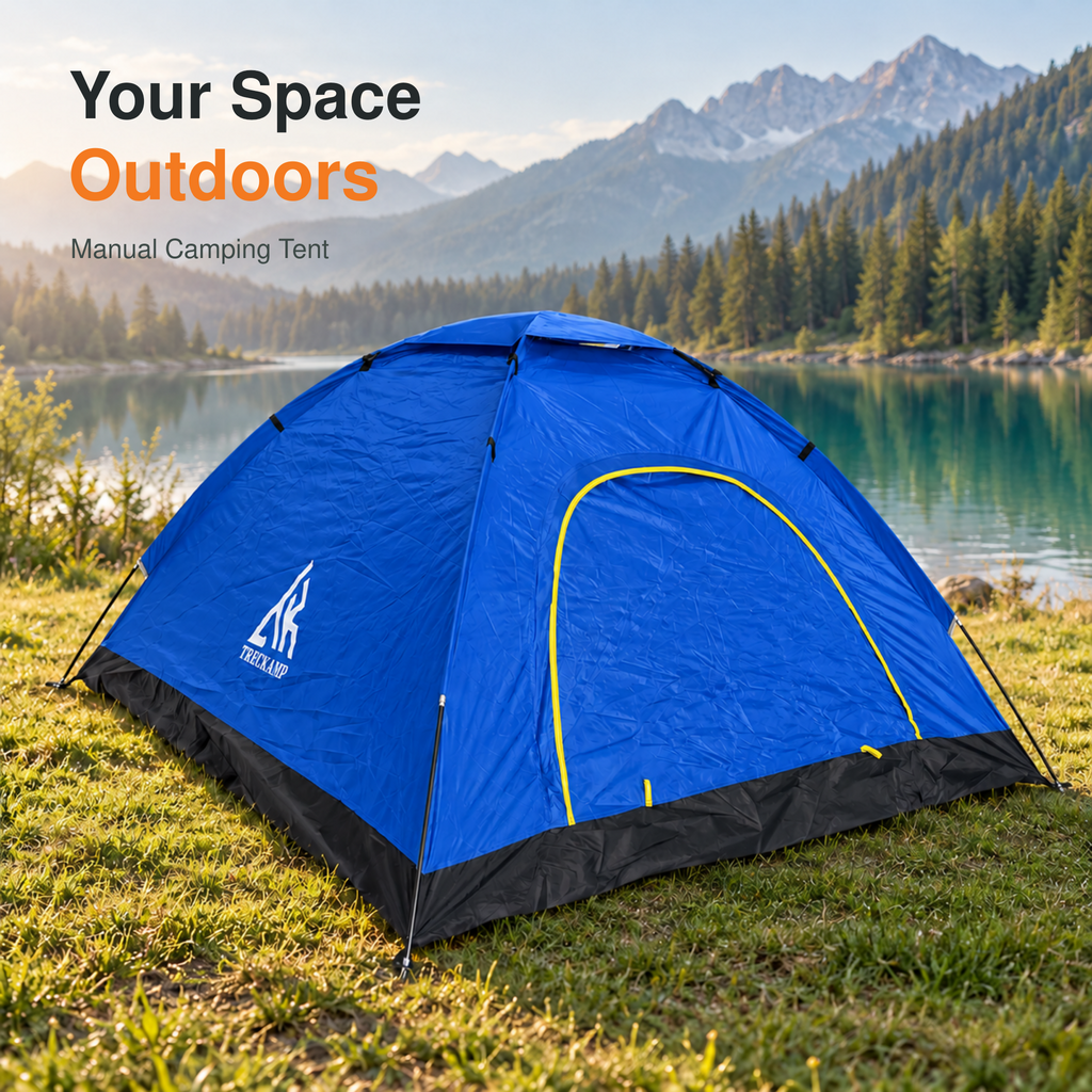 Royal Blue manual camping tent pitched on grassy lakeside site