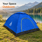 Royal Blue manual camping tent pitched on grassy lakeside site