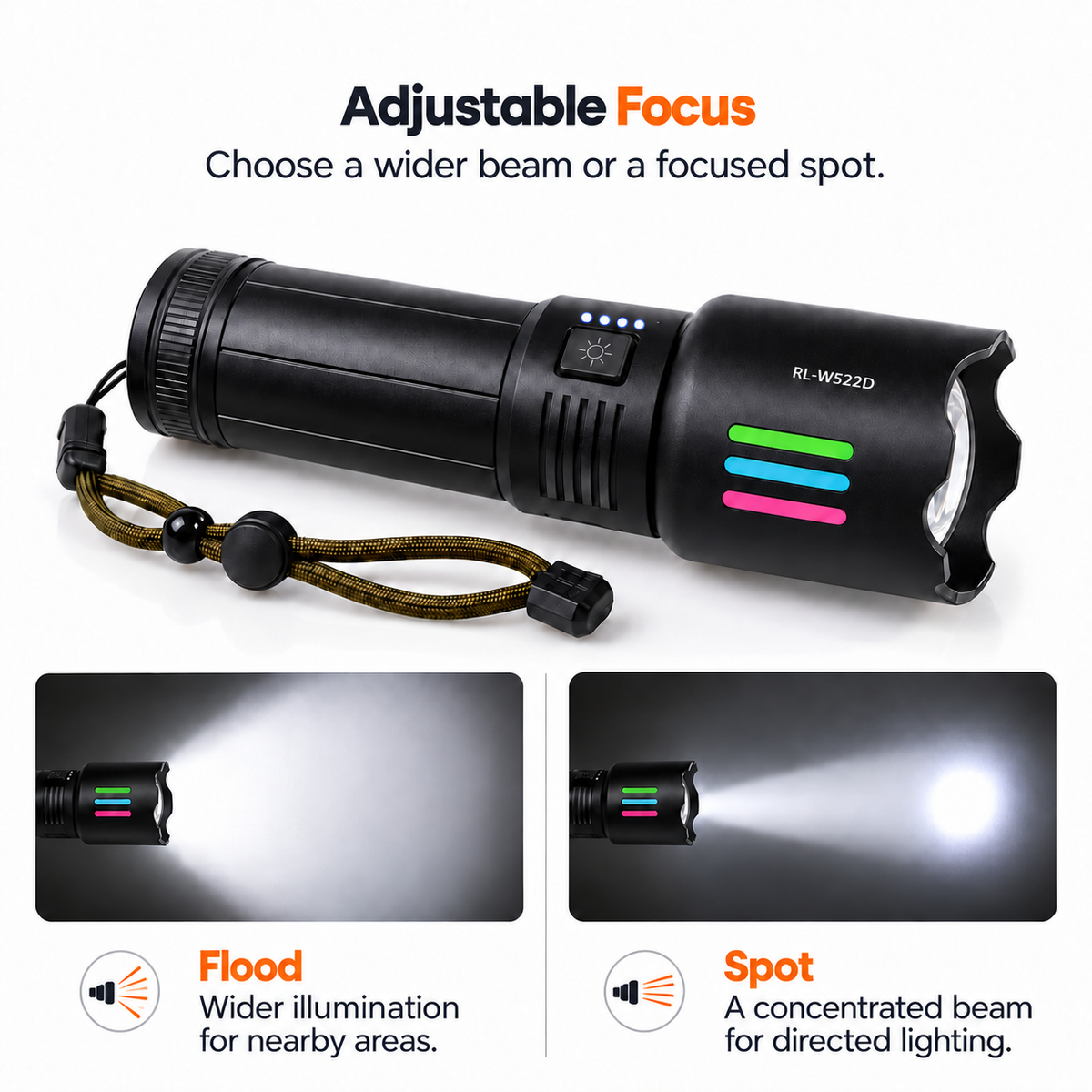 TREKCAMP RL-W522D flashlight showing wide flood and focused spot beams