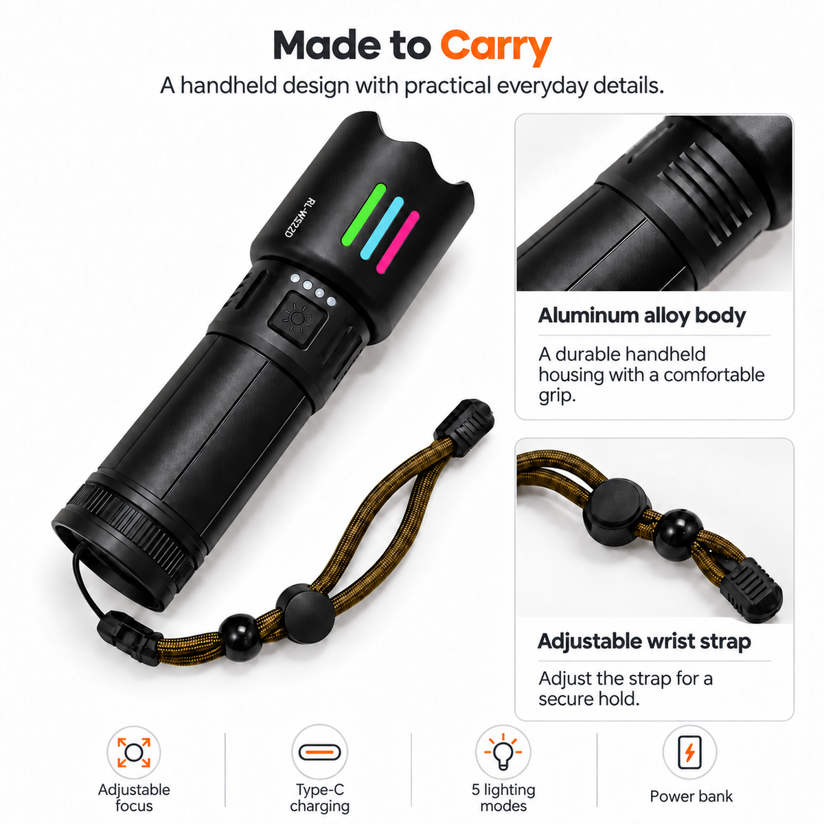 TREKCAMP RL-W522D aluminum body wrist strap with five lighting modes