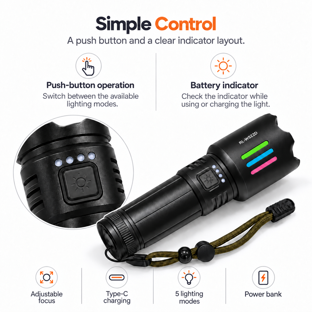 TREKCAMP RL-W522D controls battery indicator with five lighting modes