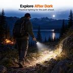 Hiker using a TREKCAMP RL-W522D flashlight on a mountain trail at dusk