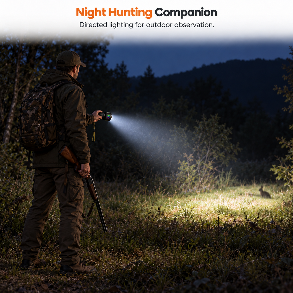 Hunter using a TREKCAMP RL-W522D flashlight for outdoor observation at night