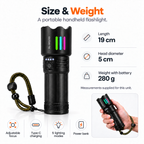 TREKCAMP RL-W522D: 19 cm length, 5 cm head, 280 g with battery and five lighting modes